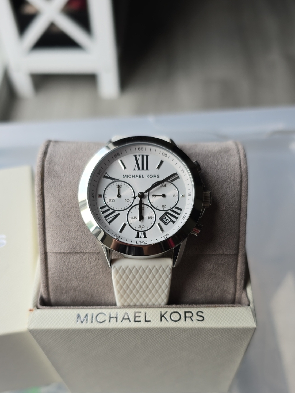 Michael Kors Silver Case White Dial Watch with Cream Strap